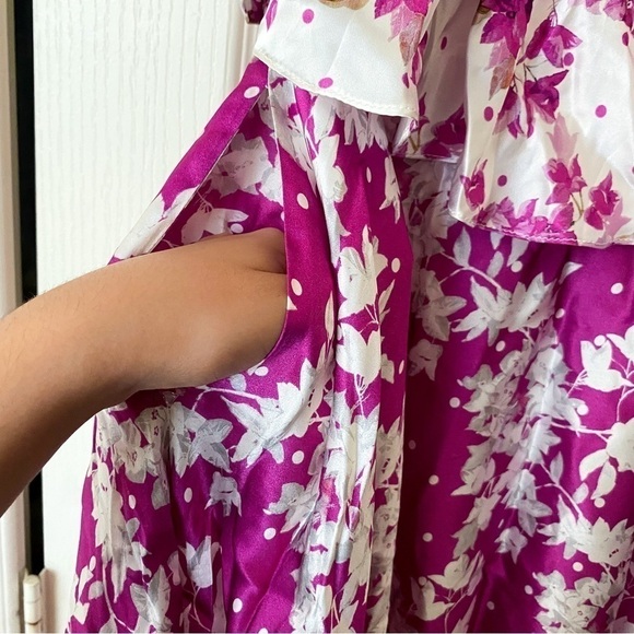 AMUR Dress Off-The-Shoulder Popover Waist Floral Silk Flowy Midi Magenta 4 NWT - Picture 3 of 7
